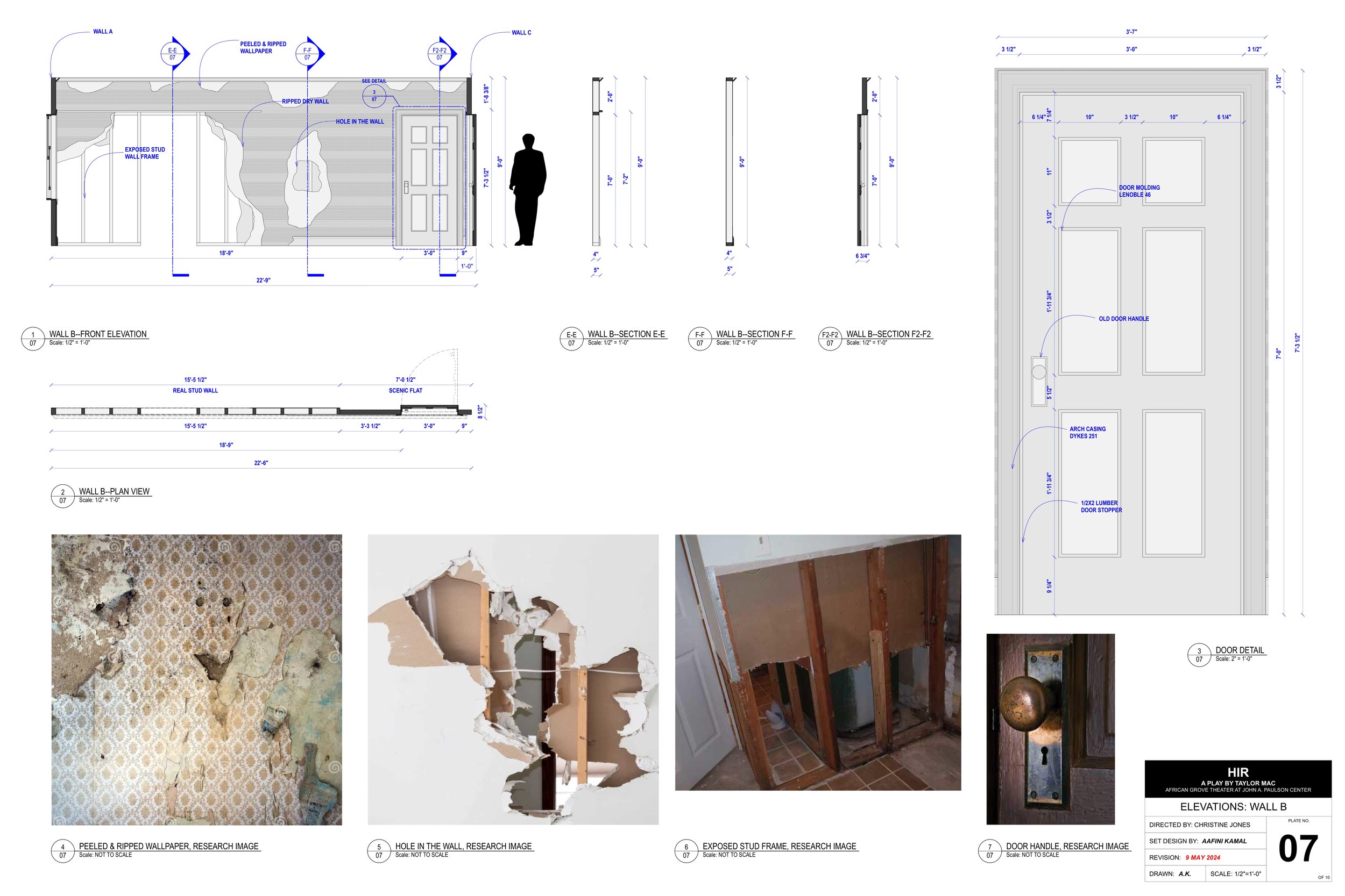 Architectural blueprint and design images for a wall and door renovation project, including front elevation, plan view, wall sections, wall surface details, holes in the wall, exposed stud frame, door details, and photographs of damaged walls.