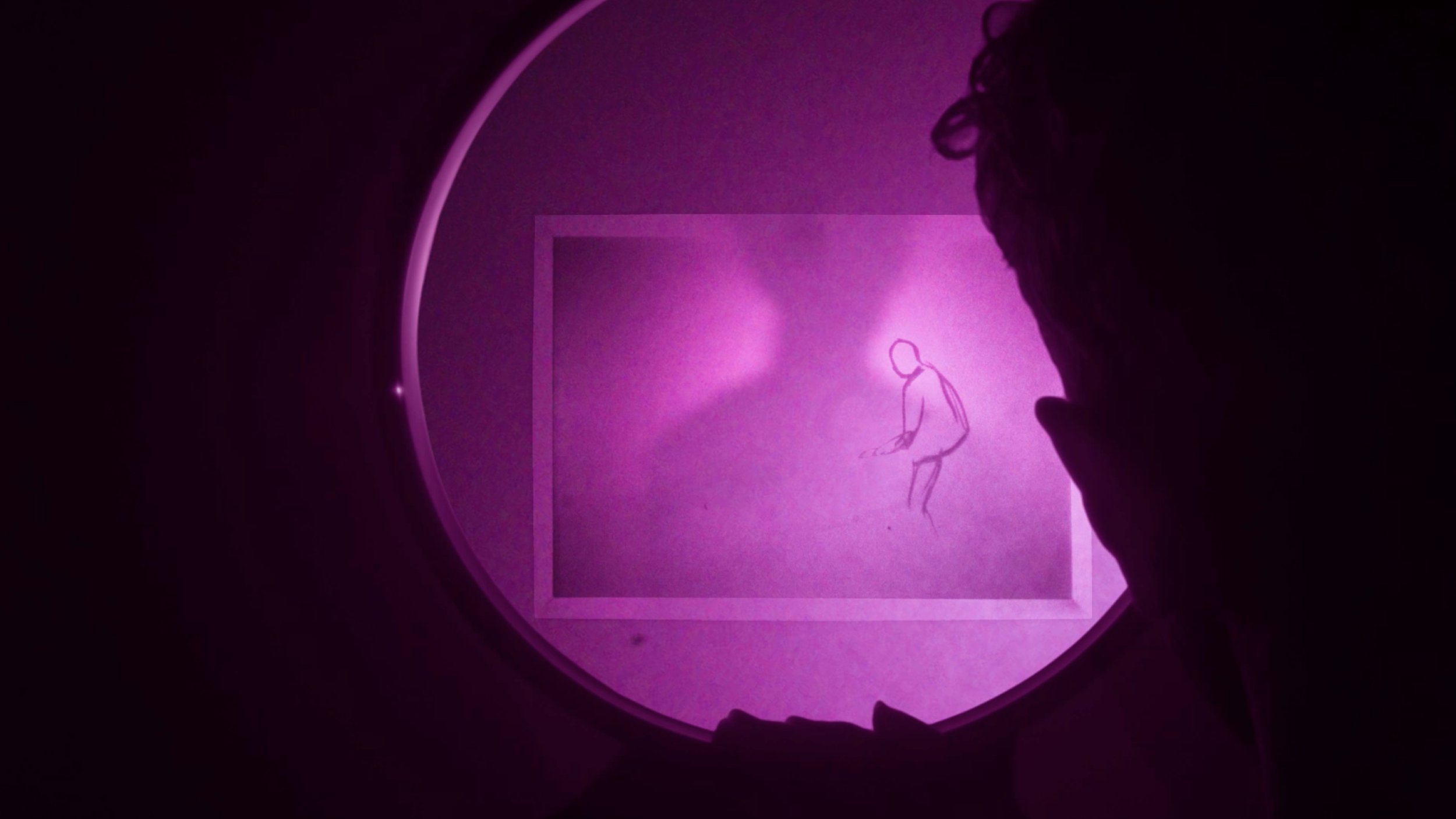 Person looking into a circular mirror with purple neon lighting, observing a drawing of a sitting girl on the wall.
