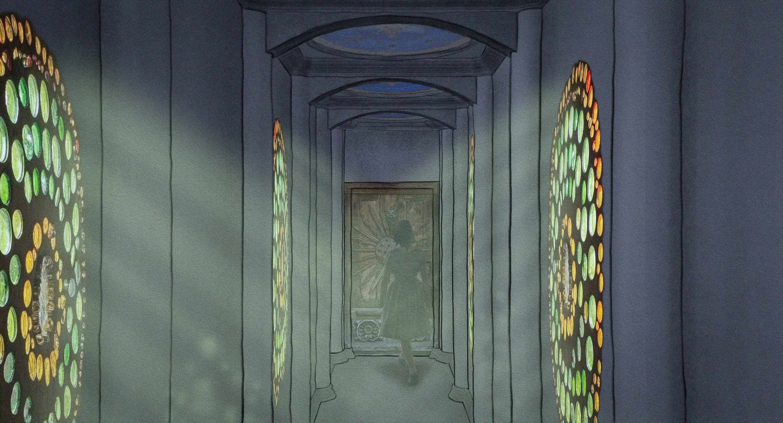 A hallway with stained glass windows on both sides, with a silhouetted person standing in front of a decorated door at the end.