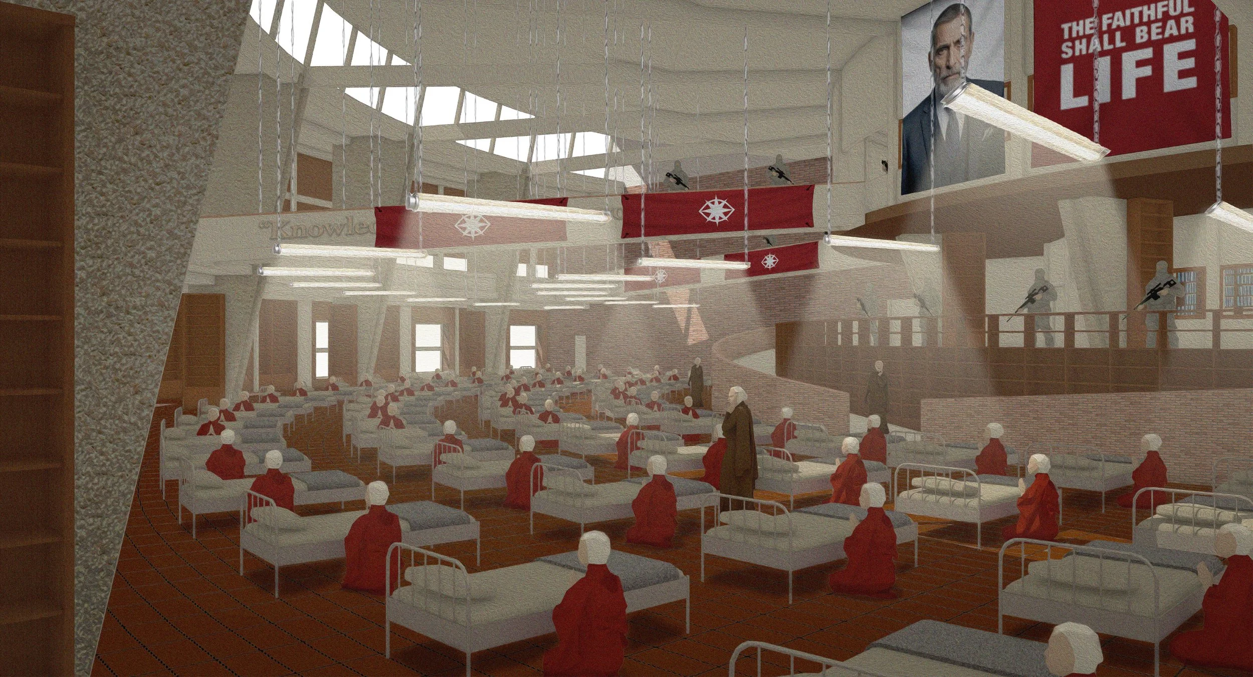 Rendering of a hospital ward where elderly patients are lying in beds, women and men in red clothing are nearby, and a woman is standing at the foot of a bed.
