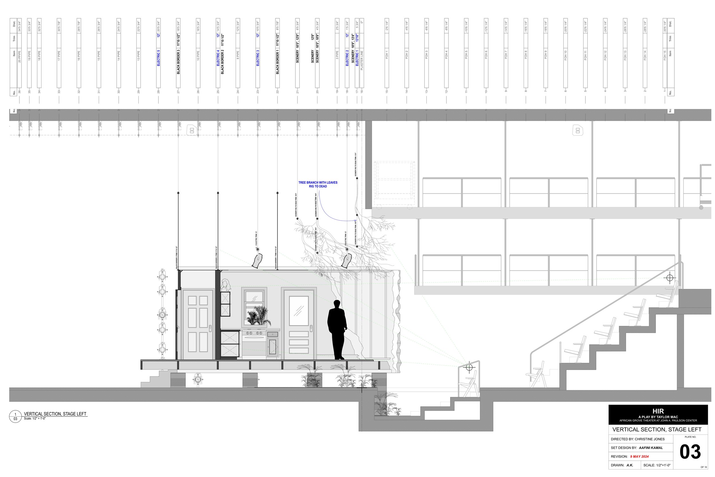 Architectural drawing of a vertical section of a stage left setup for a theater, showing interior and exterior elements, with a person standing inside and trees outside.