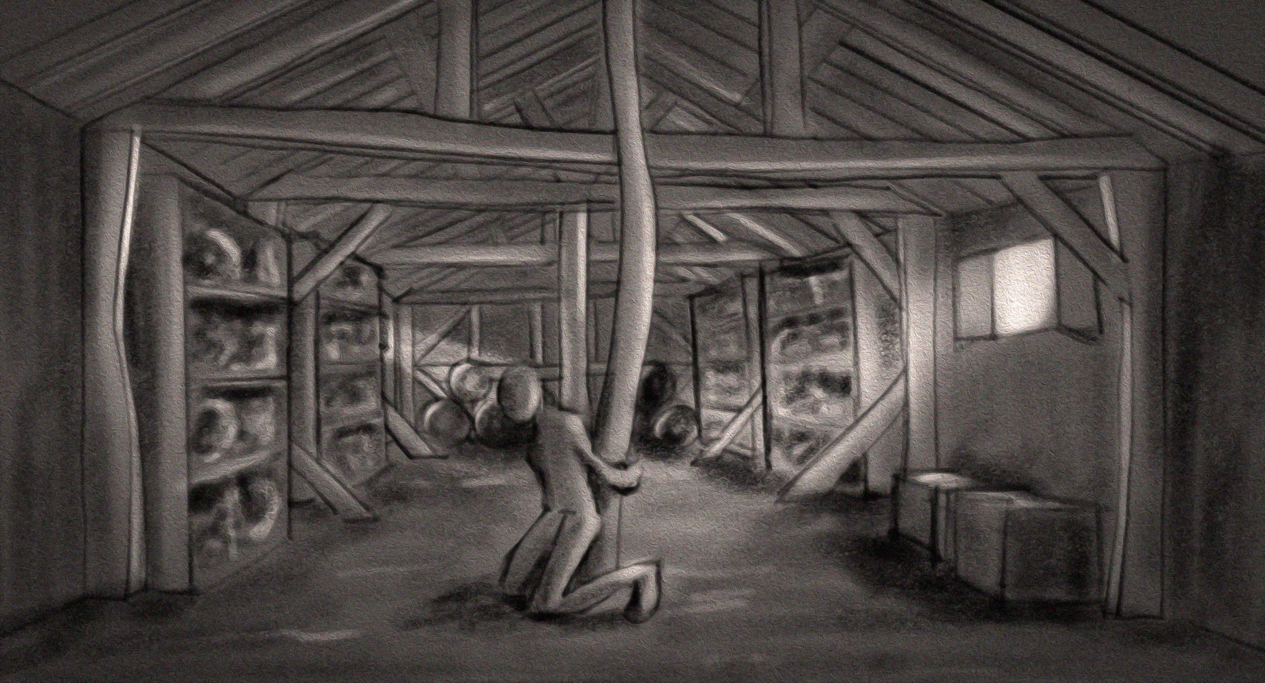 Children playing on a swing set inside a wood-paneled indoor play area with shelves of stuffed animals and toys on the sides.