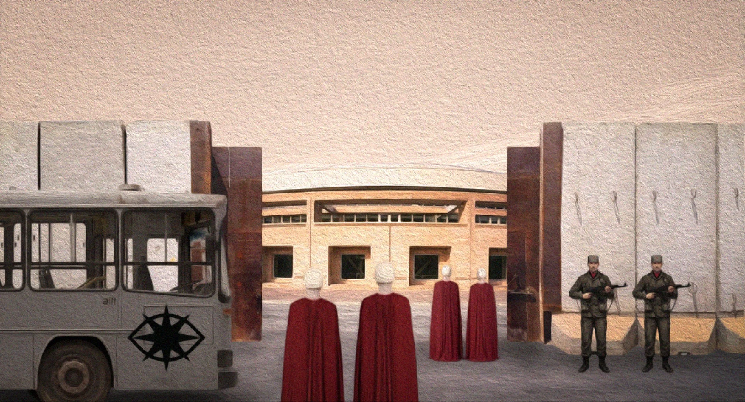 A mural depicting a scene with a vintage bus, two soldiers holding guns, and three women in red dresses with white hair, set in front of a large building with modern architecture.