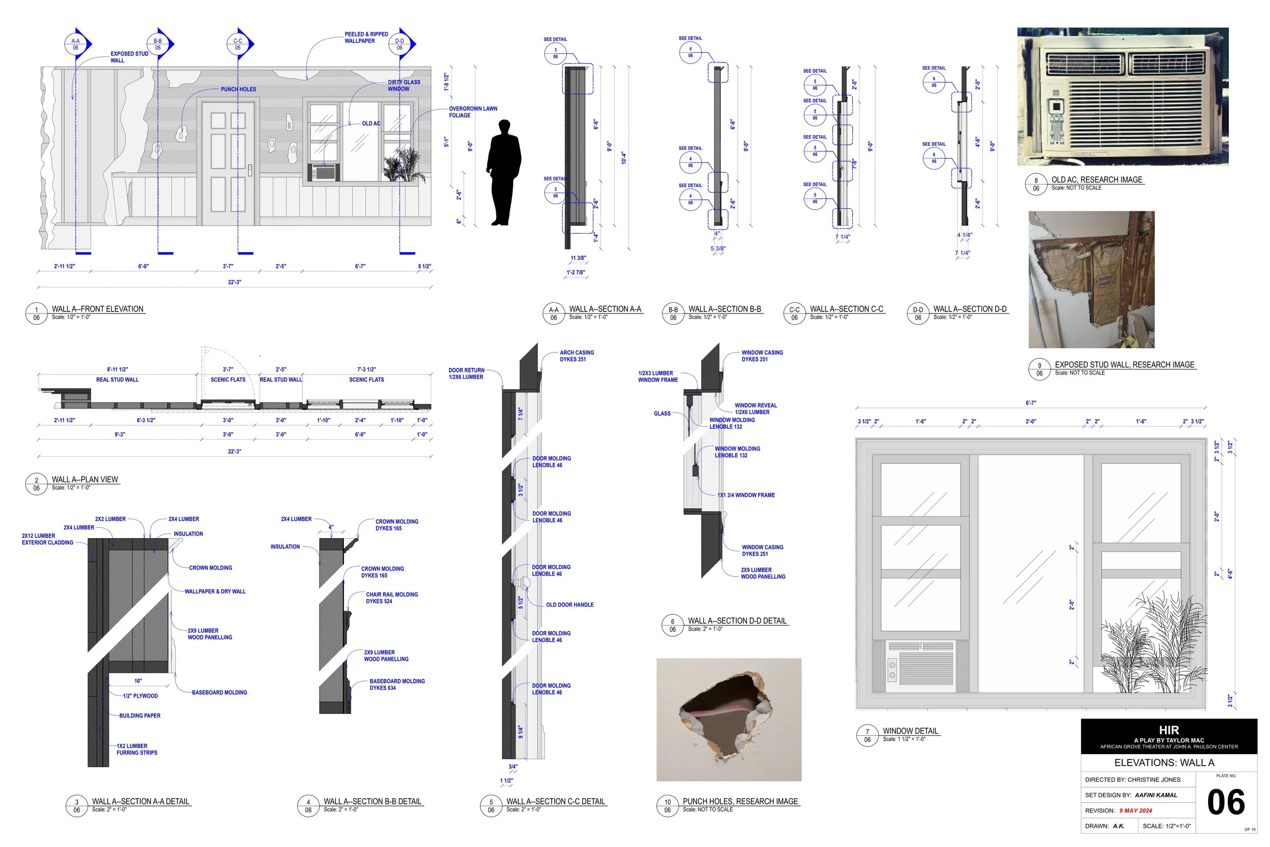 Architectural blueprint and research images of a wall with annotations, elevations, and sections for a construction project, along with a research image of old air conditioning units.