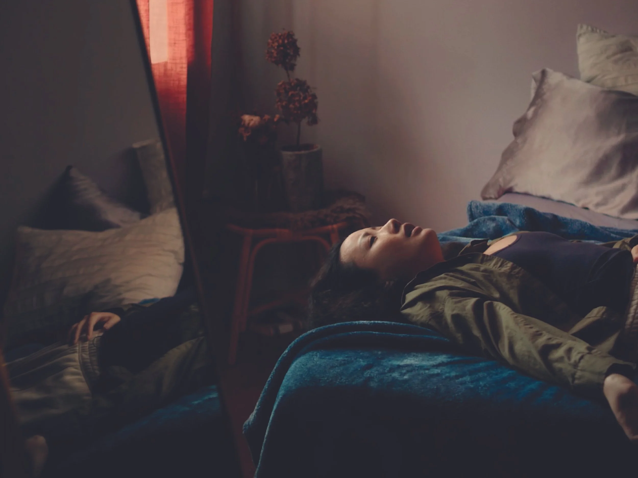 Person lying in bed with a blue blanket, eyes closed, in a dimly lit room, with a pillow and a plant on a side table in the background.