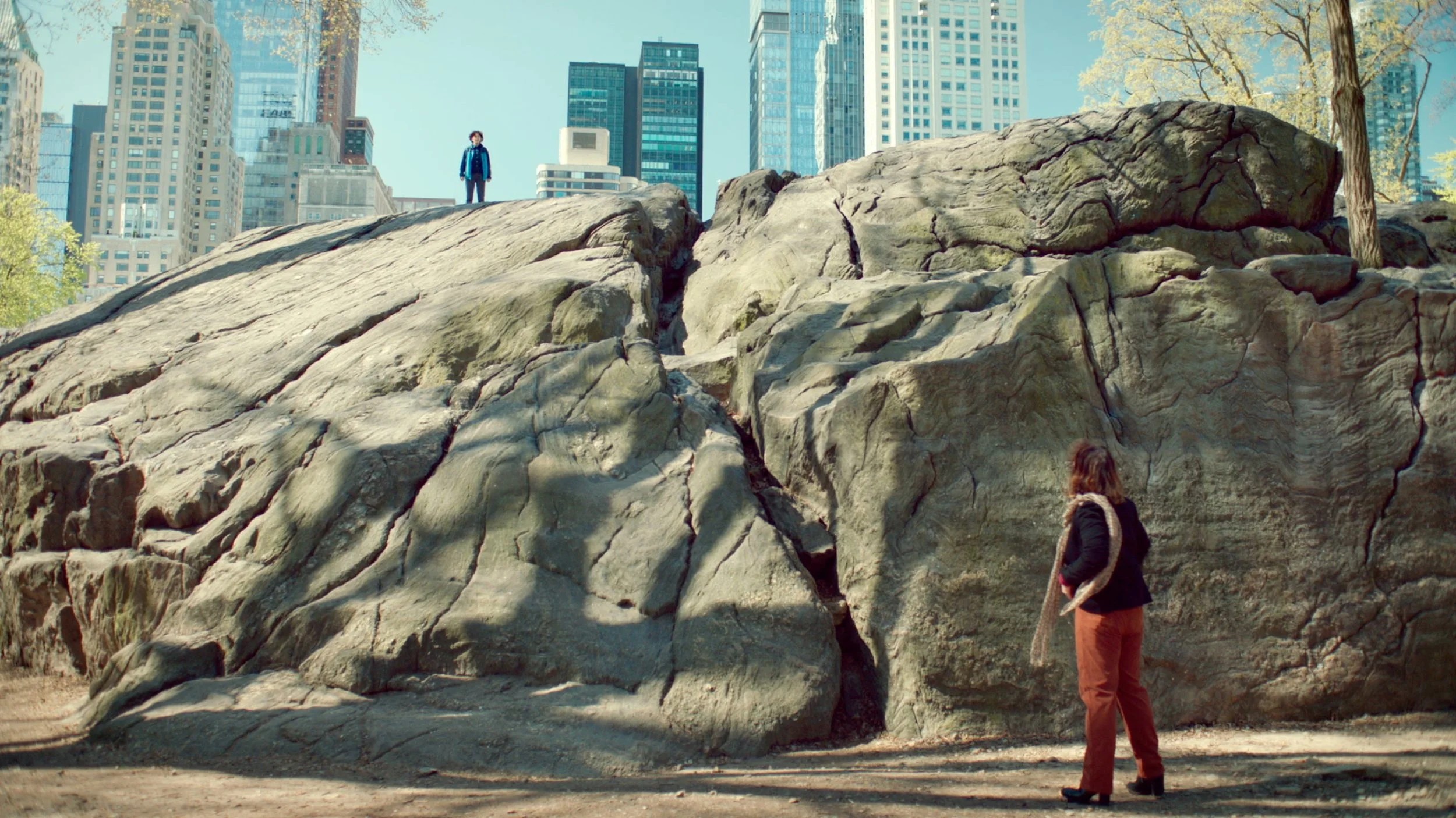 A person standing on top of large rocks in Central Park, New York City, with city skyscrapers in the background and trees on either side.
