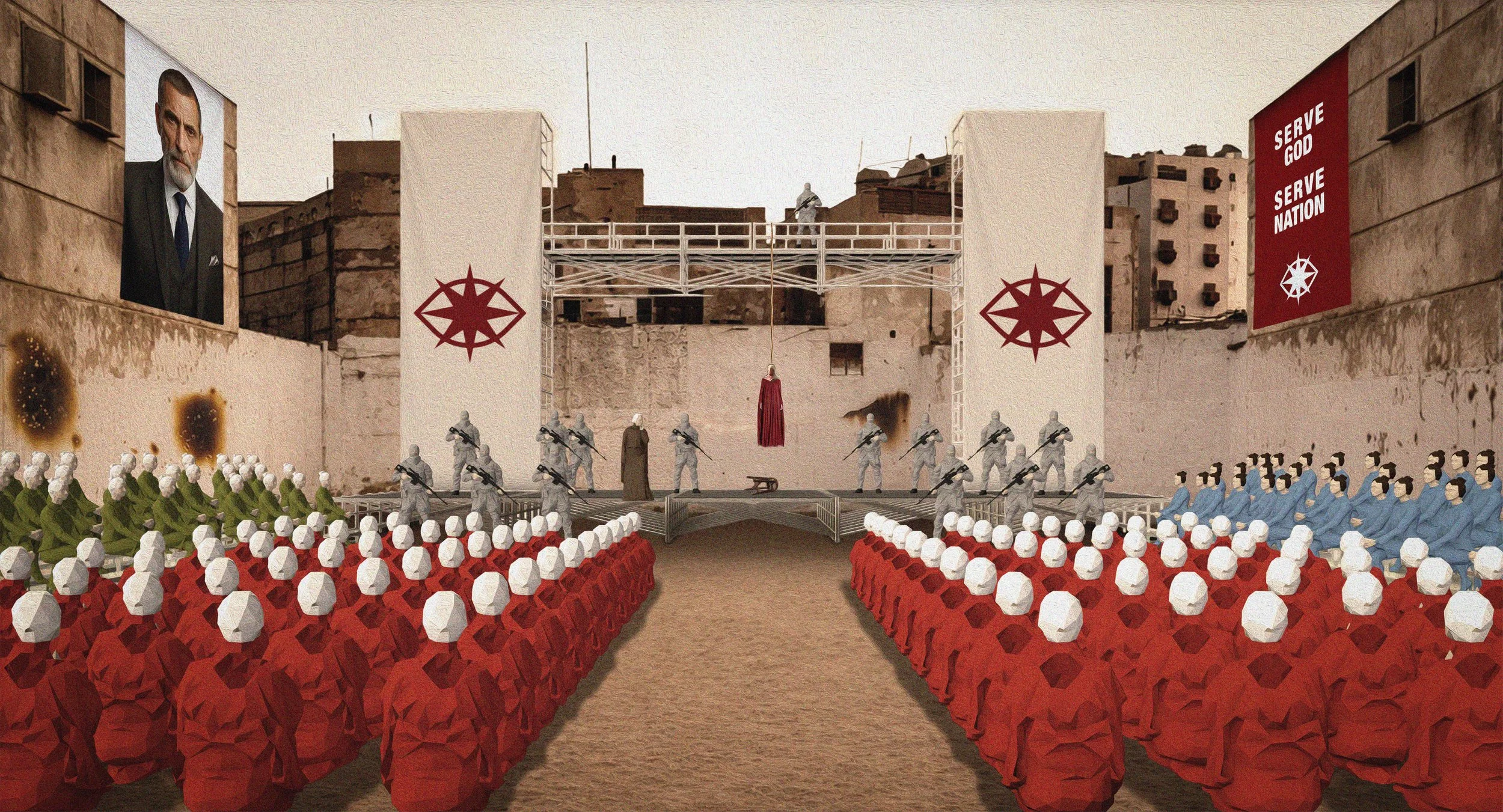 An outdoor stage setup resembling a political or military rally with symbolic elements. The stage is flanked by banners displaying socialist symbols and slogans such as 'Serve God, Serve Nation.' The audience is represented by figures with colored cl