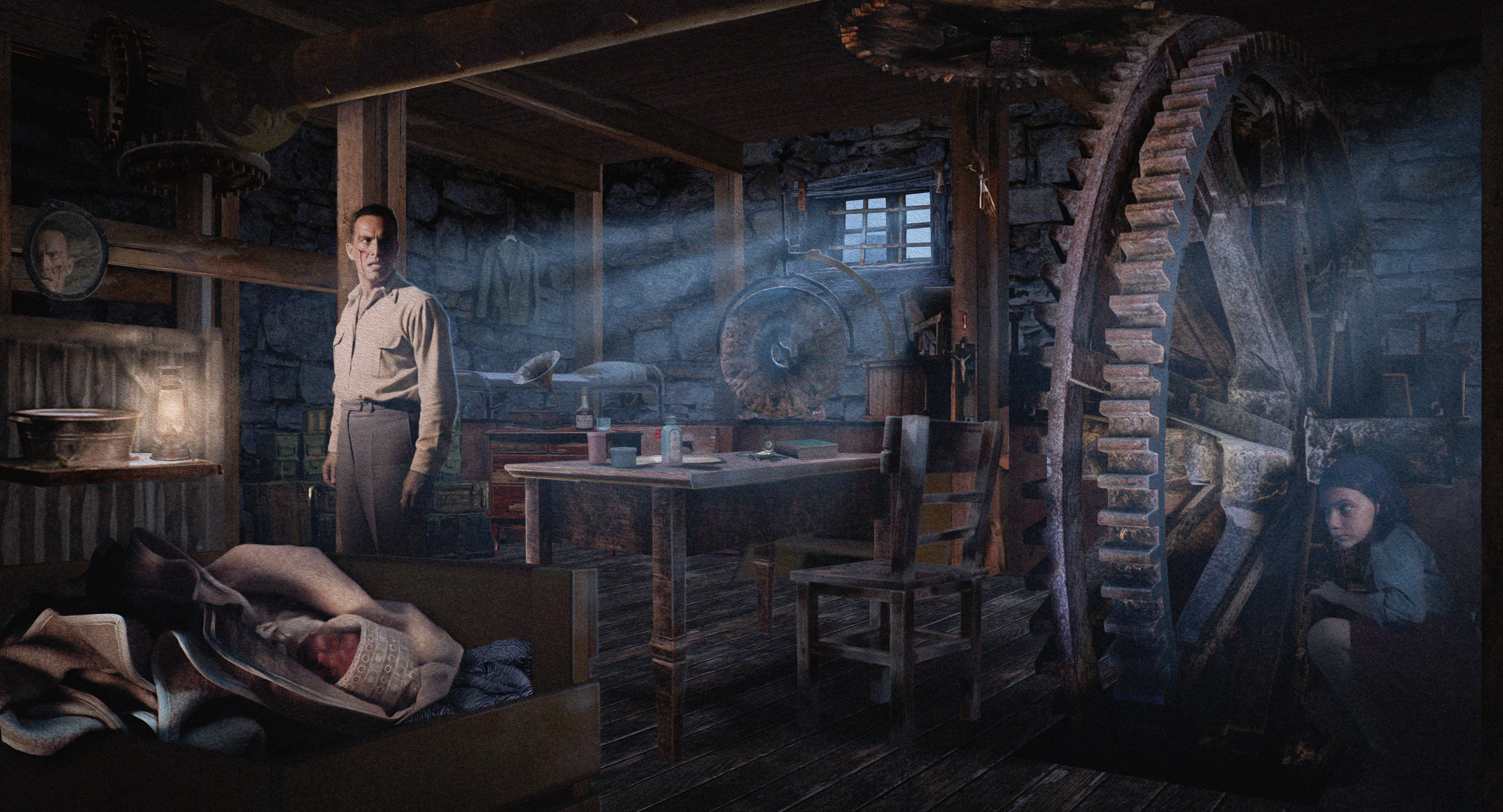 A basement with stone walls and wooden beams, illuminated by a lantern and sunlight through a small window. It contains a woman standing, a young girl sitting on the floor, a cluttered bed, a table with bottles, and various old machinery and gears on