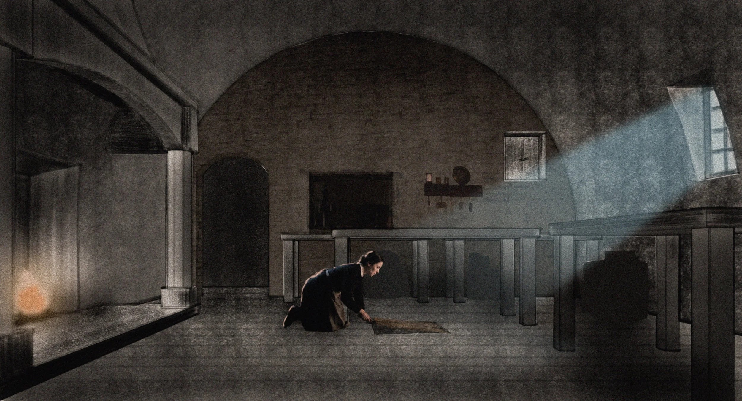 A woman kneeling on the floor in a dimly lit room, looking intently at something she is cleaning or arranging. The room has high arched ceilings, large windows with sunlight streaming through, and long tables along the walls.