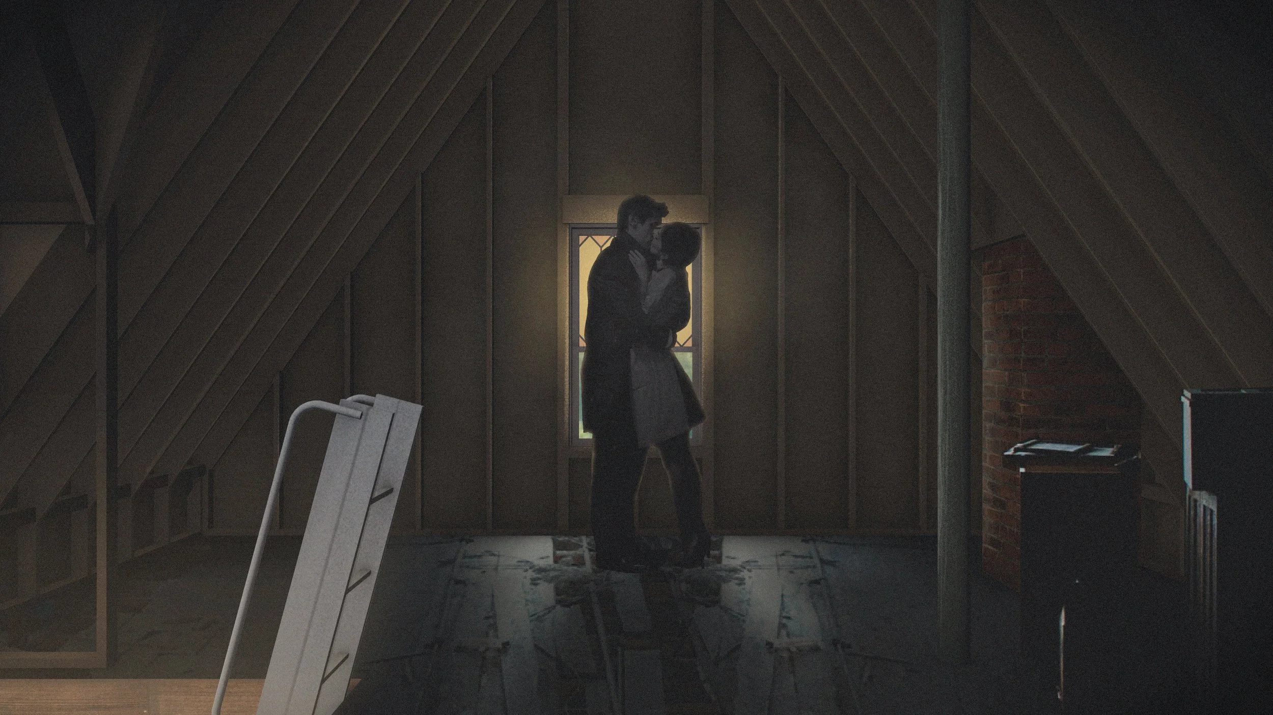 A couple is dancing in a dimly lit attic room with wooden paneling walls and a window in the background.