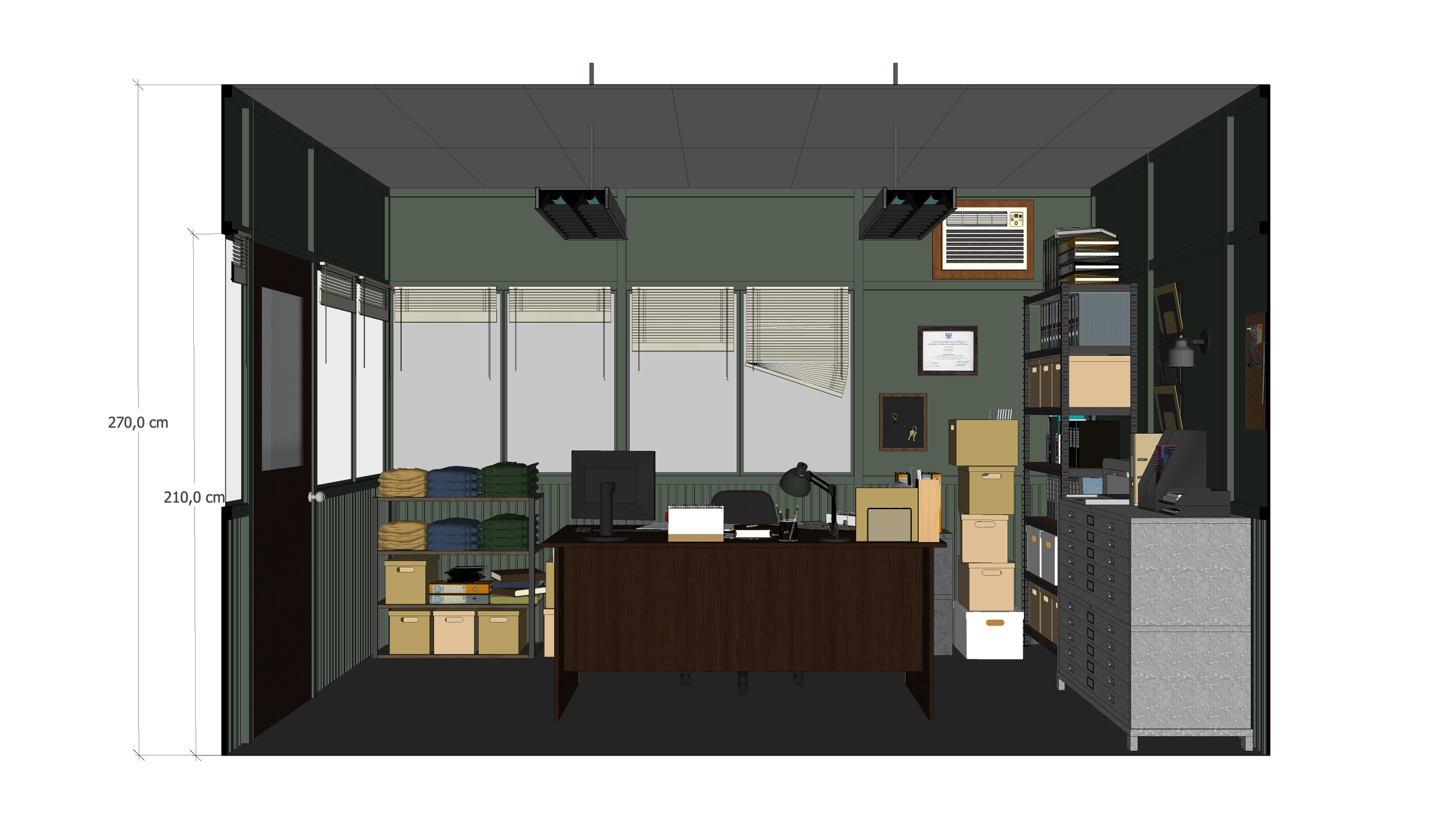 An organized office space with a desk, computer, shelves, filing cabinets, and storage boxes.