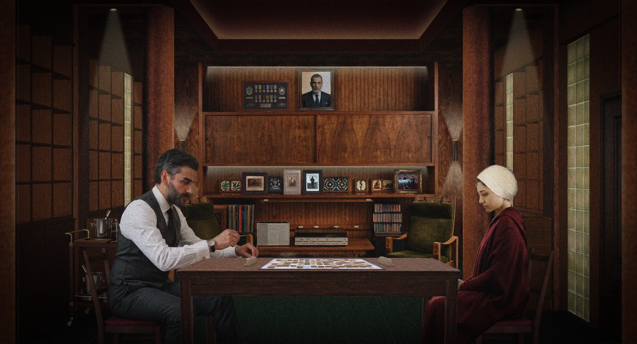 Two people play a board game at a wooden table in a vintage-style room. A man with dark hair and a beard, wearing a white shirt and vest, and a woman with platinum blonde hair in a white headscarf, wearing a red outfit, sit across from each other. Th