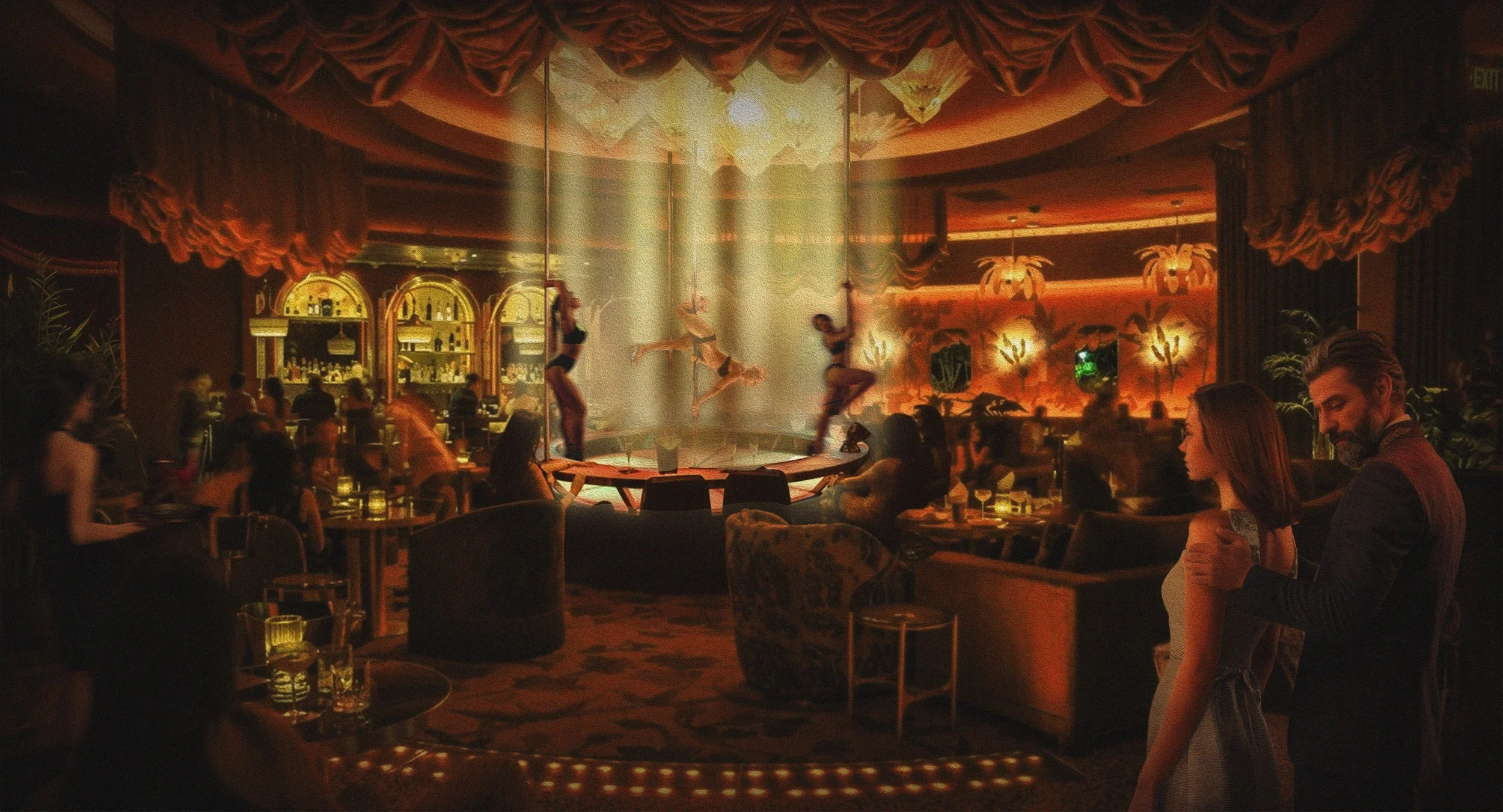 A lively bar and nightclub featuring a central stage with four women dancing using aerial hoops. The bar area in the background is well-lit with bottles on display, and there are people sitting at tables and standing, enjoying drinks and conversation