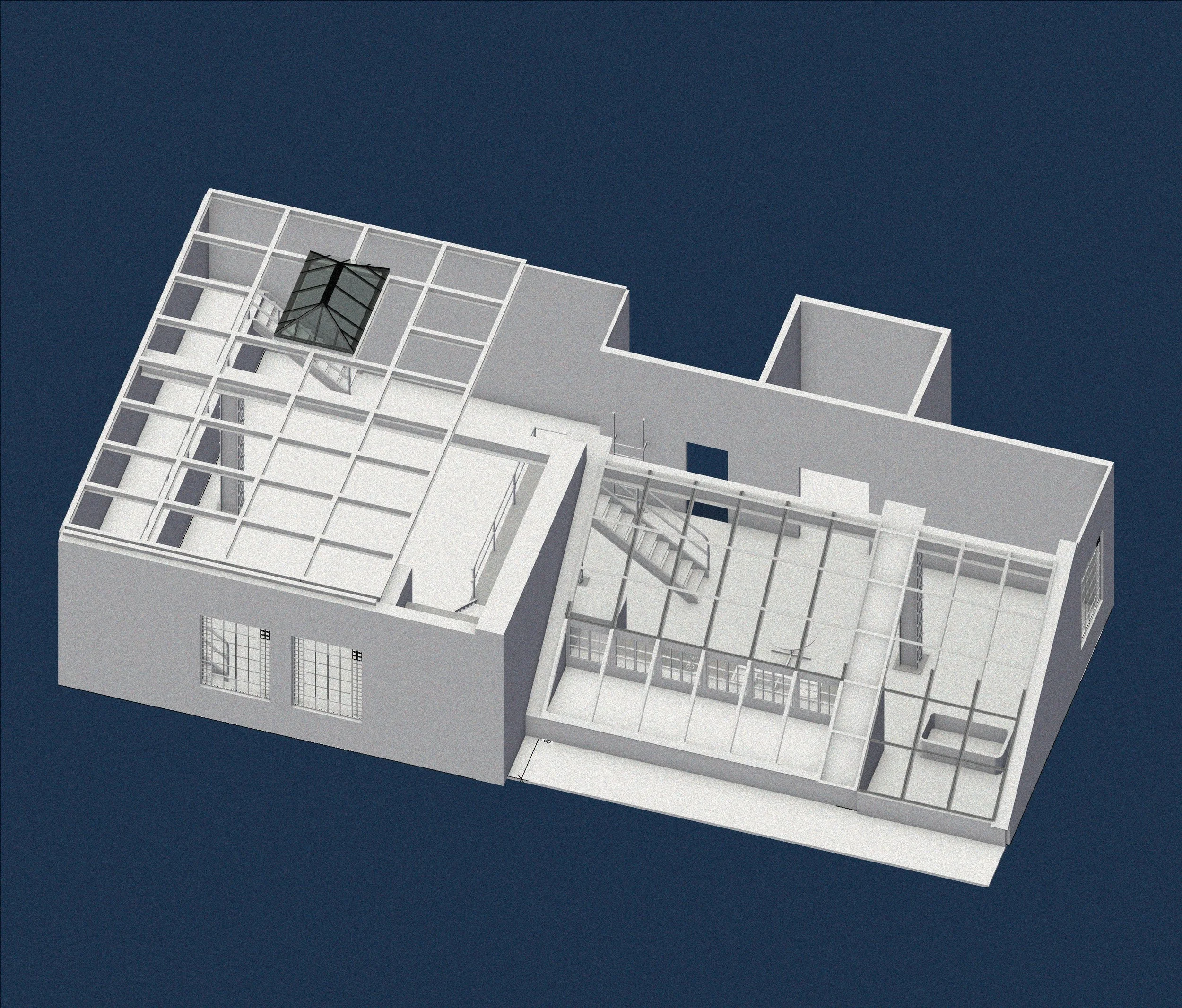 A modern white architectural model of a building with multiple levels and large glass windows, viewed from below against a dark background.