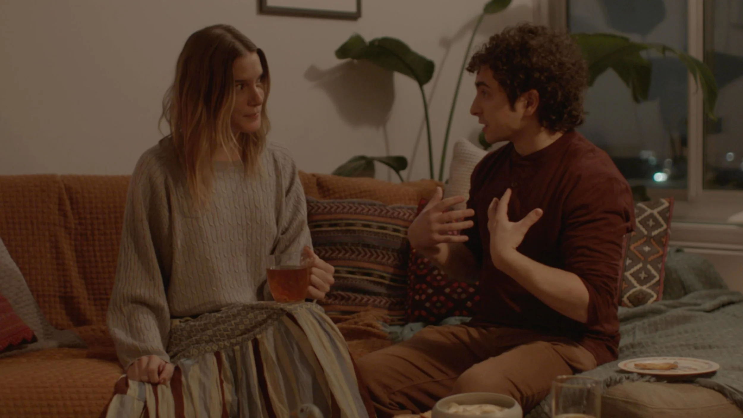 A woman in a sweater holding a glass of wine sitting on a couch, talking to a man with curly hair wearing a maroon shirt, in a cozy living room with plants and patterned pillows.