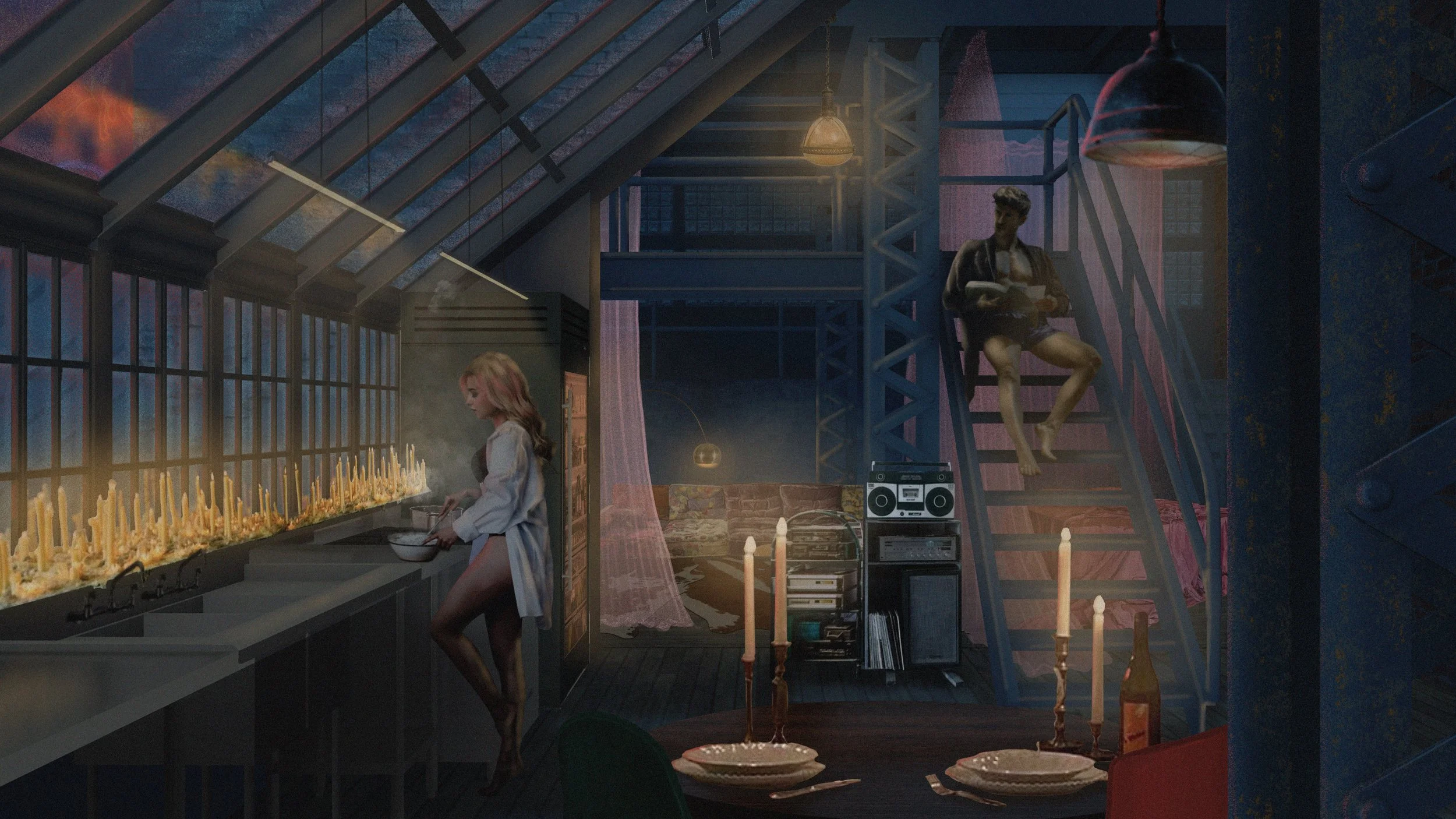 A woman cooking in a modern loft with candles and candles on the floor, facing a fireplace with melting candles. A woman with pink hair appears to be sitting or reclining near the fireplace, and another woman with short hair is sitting on stairs read