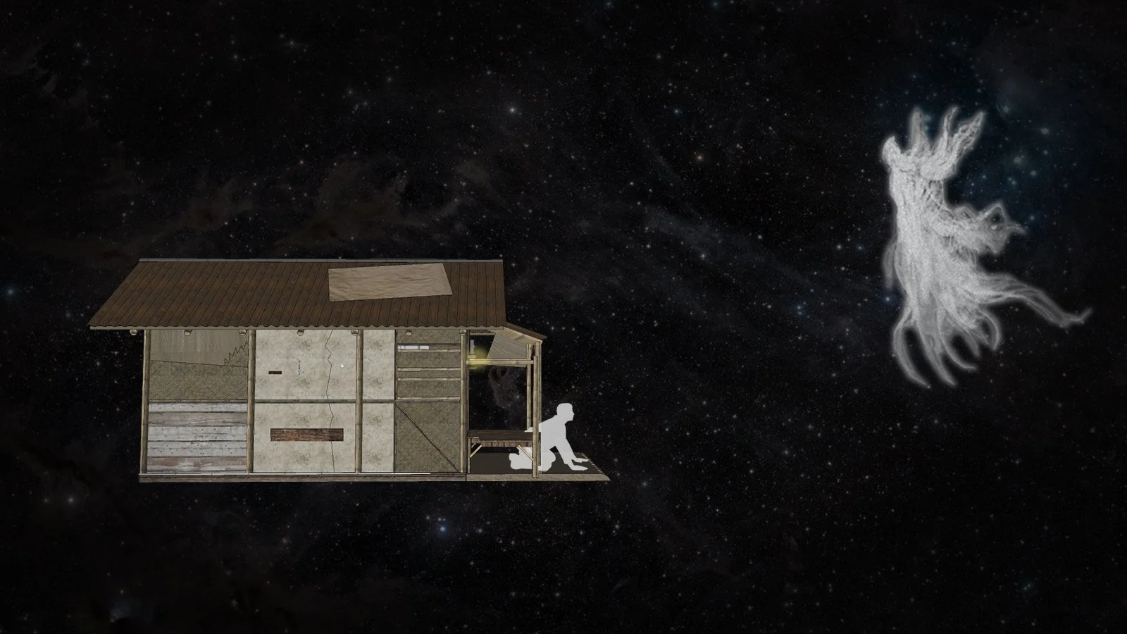 A digital illustration of a small makeshift house on a platform in space, with a person sitting on the edge, facing away. A faint ghostly image of a wolf is seen in the stars towards the right.