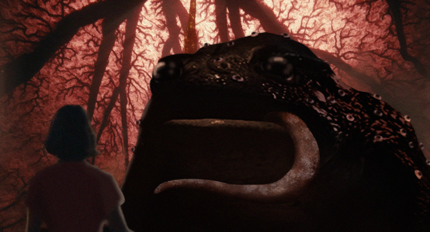 A person with short hair sitting and looking at a large projection of a salamander with orange and black spotted skin on a textured red background.