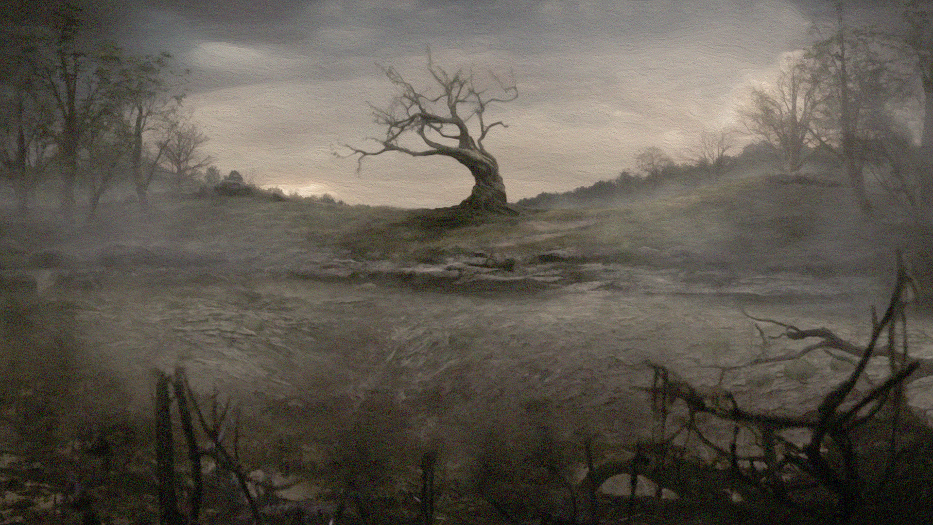 A solitary, gnarled tree with bare branches stands on a small hill in a foggy, desolate landscape with twisted, dead trees and a dark, cloudy sky.