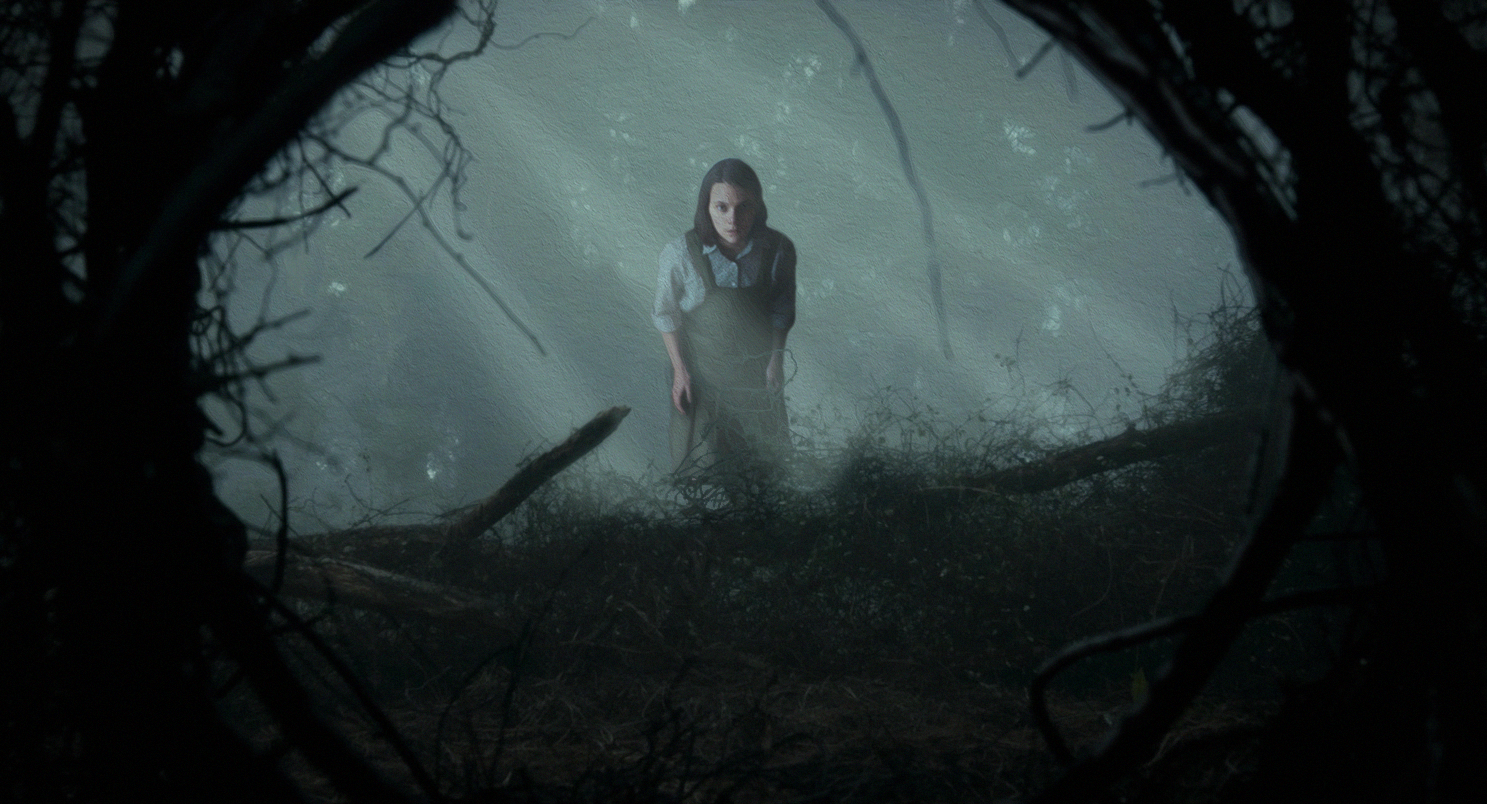 A woman standing in a foggy forest viewed through a circular opening surrounded by tree branches.