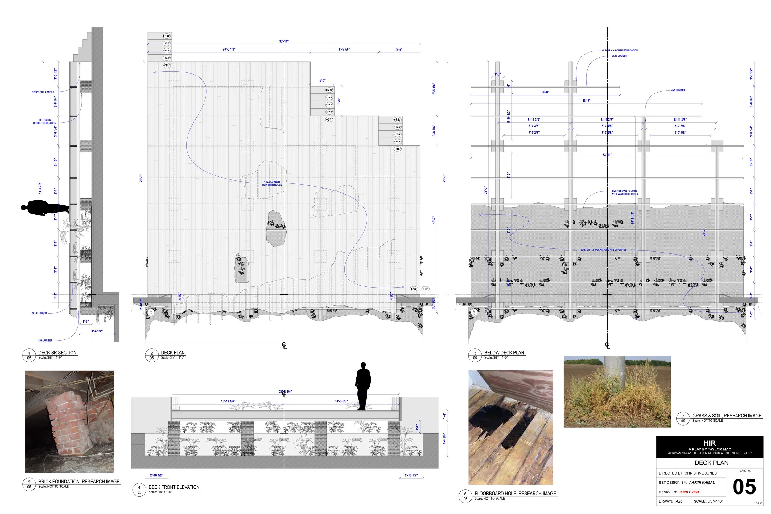 Architectural blueprint of a deck plan, detailed with measurements, sections, and research images of construction materials.