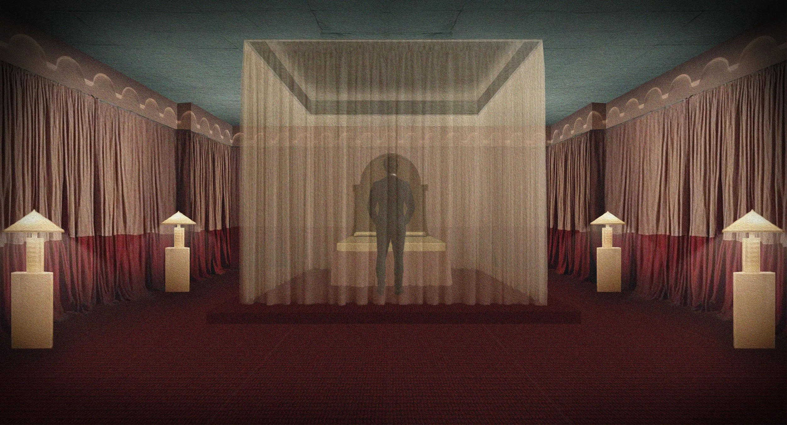 A person standing behind a semi-transparent curtain in a dimly lit room with red carpet and four table lamps, two on each side.