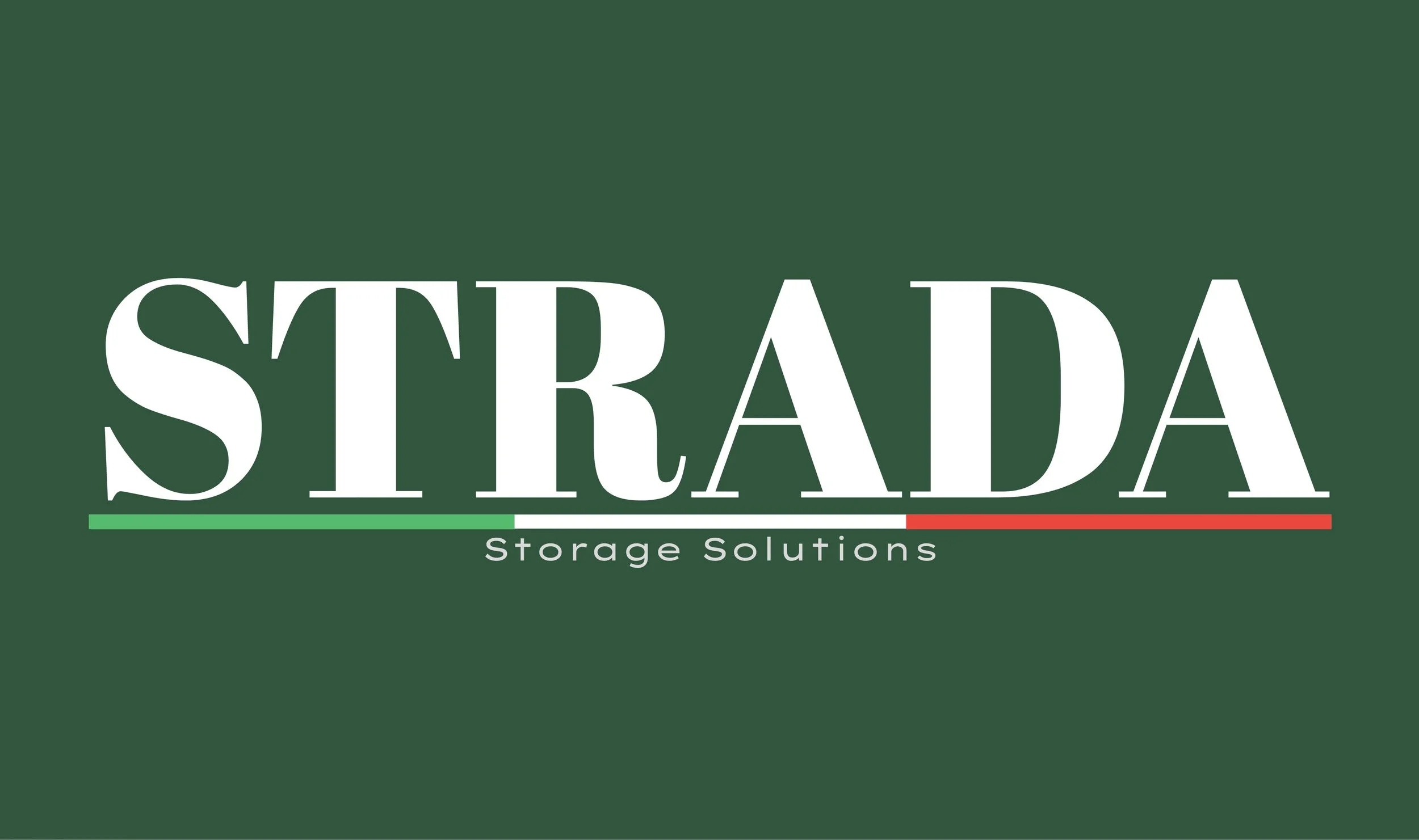 Logo for Srada Storage Solutions with green background, large white text reading 'STRADA', and a small Italian flag underneath with the words 'Stoage Solutions'.