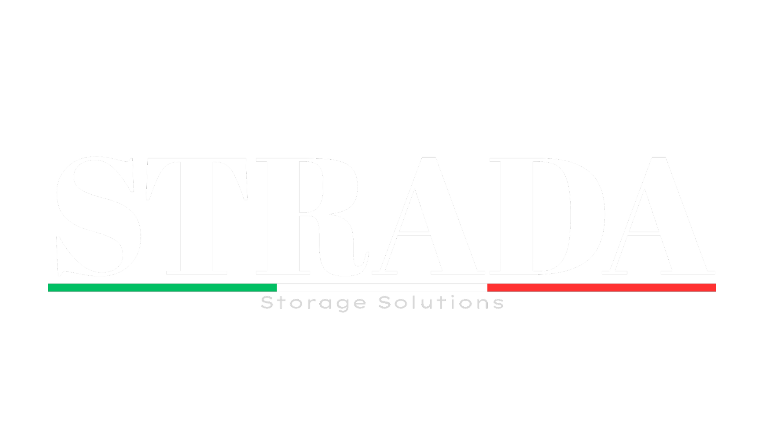 Logo for Strada Storage Solutions with the brand name in large white letters and a green, white, and red stripe underneath, resembling the Italian flag.