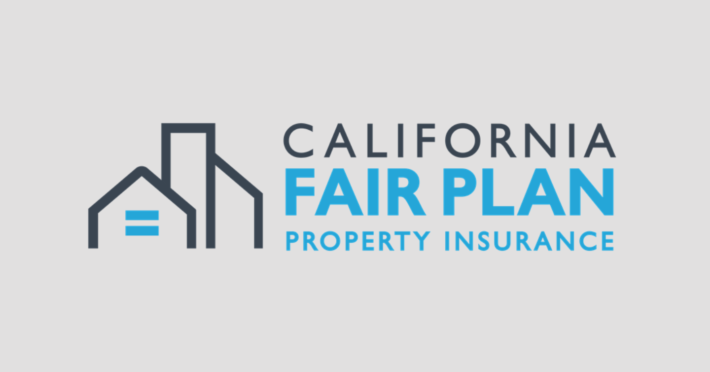 Logo for California Fair Plan Property Insurance featuring a stylized house and building outline in blue and black text.