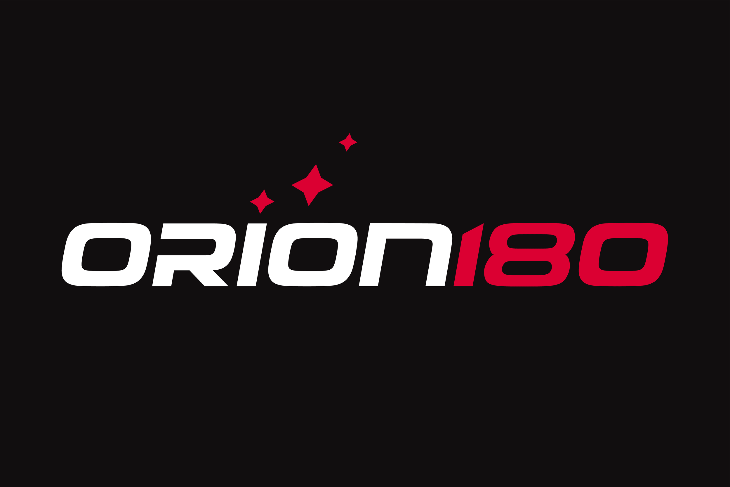 Logo for Orion 180 with red stars above the text on a black background.