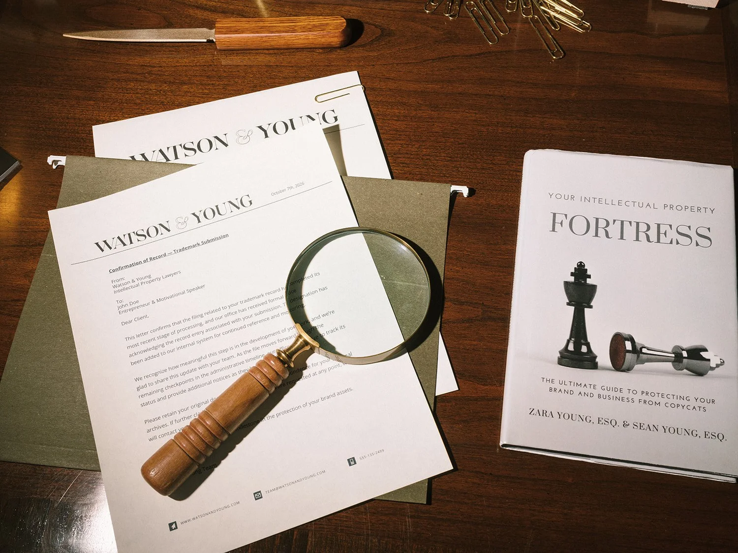 Watson and Young legal strategy documents from the firm photoshoot