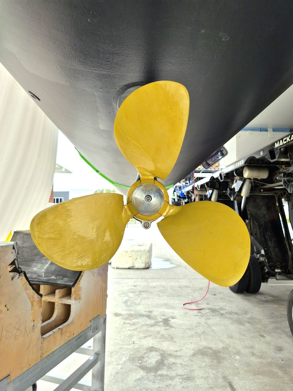 Three-blade marine propeller after coating.