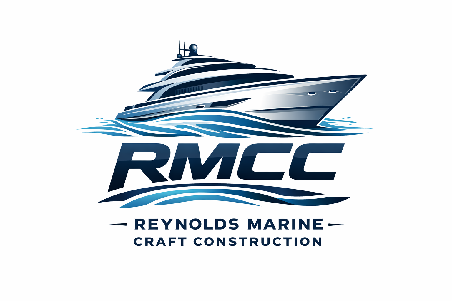 Logo featuring a stylized luxury yacht on water with the text 'RMCC' and 'Reynolds Marine Craft Construction' underneath.