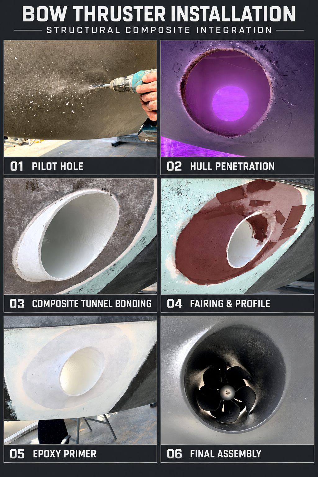 Step-by-step process of installing a bow thruster on a boat, including pilot hole drilling, hull penetration, composite tunnel bonding, fairing and profiling, applying epoxy primer, and final assembly with the propeller.