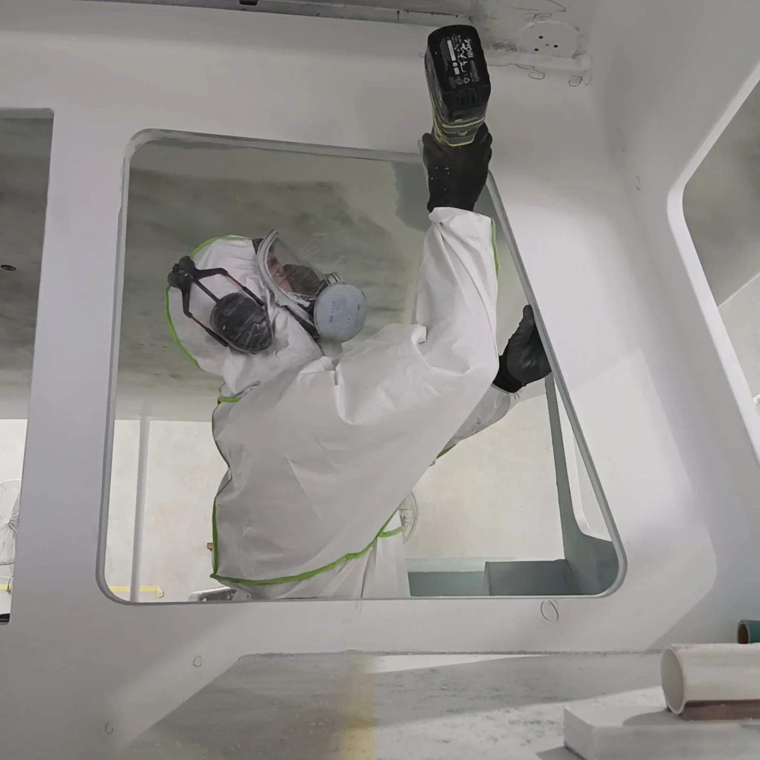Person in protective suit and mask working inside a white enclosure with a transparent window, possibly in a laboratory or clean room environment.