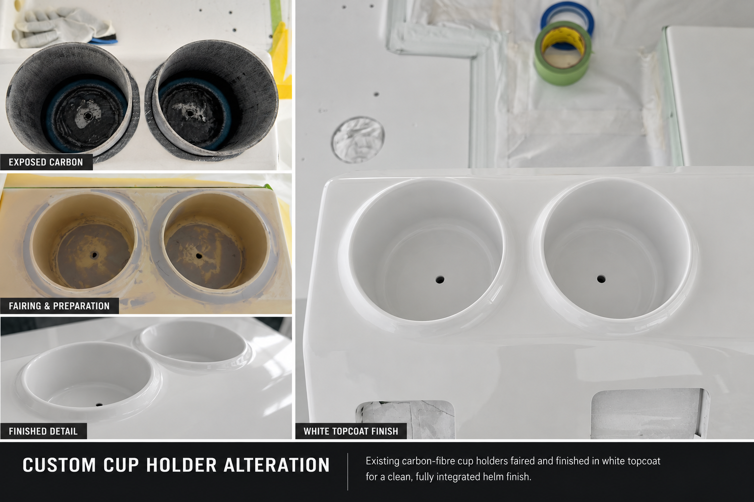 Comparison of carbon fiber cup holders before and after being finished with white topcoat, showing exposed carbon, just faired and prepared, and finished detail with white topcoat finish.