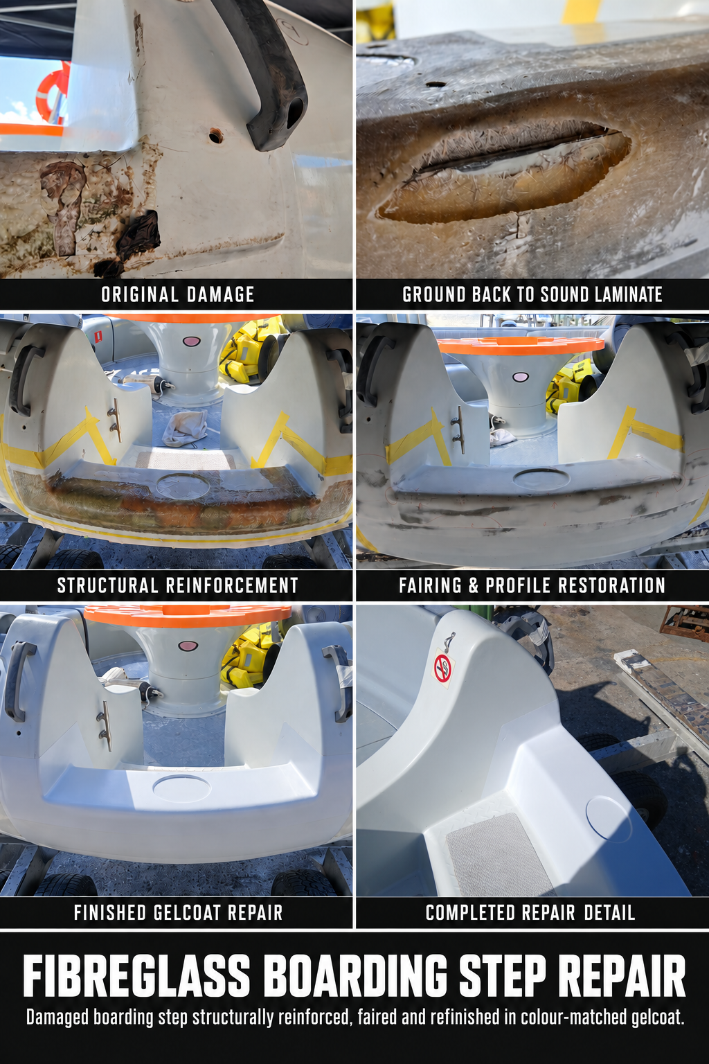 Sequence of images showing the repair process of a fiberglass boat's boarding step, from original damage to finished gelcoat repair.