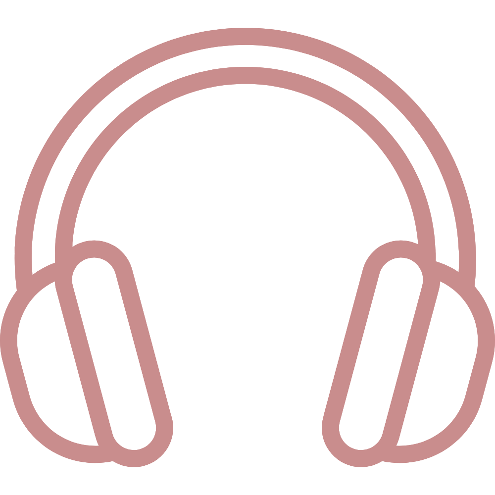 Outline illustration of over-ear headphones in pink on a black background.