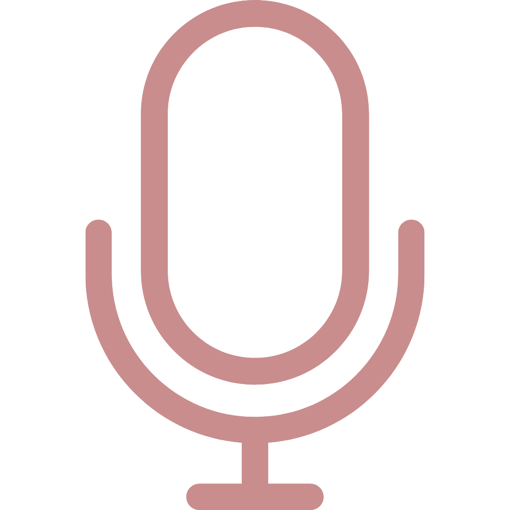 Pink outline microphone icon on a black background.