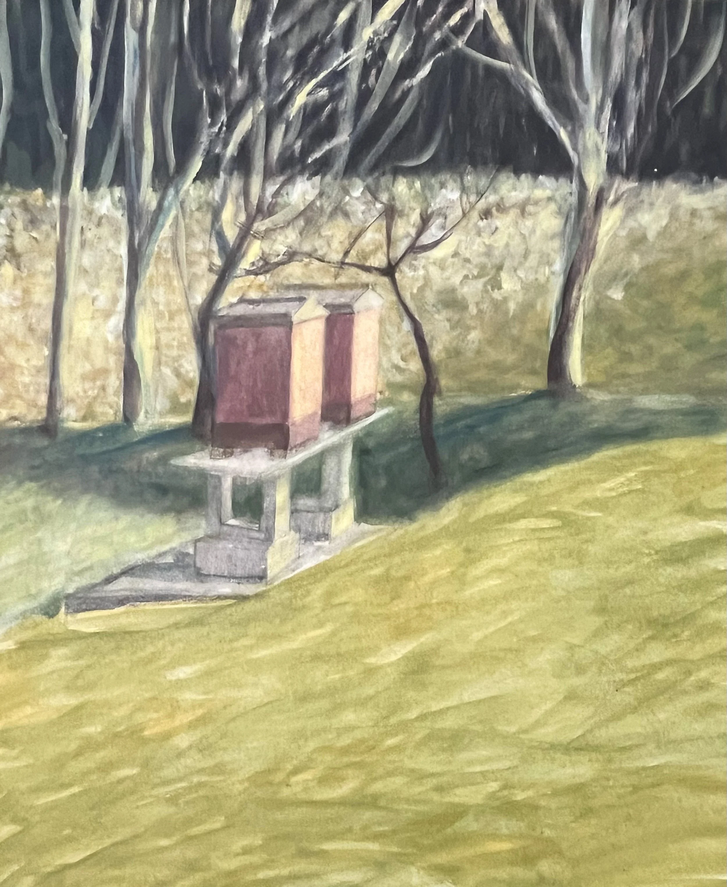 Beehives, Early Winter, oil on paper