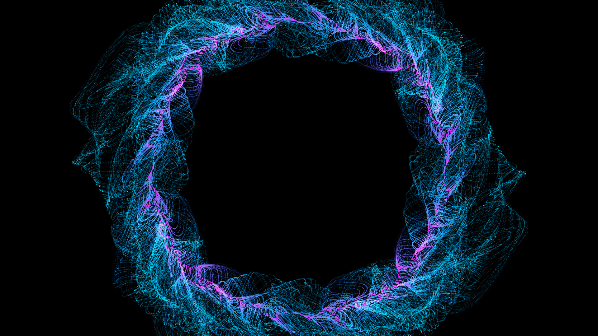 Digital abstract art depicting a circular shape made of intricate, glowing blue and purple lines on a black background.
