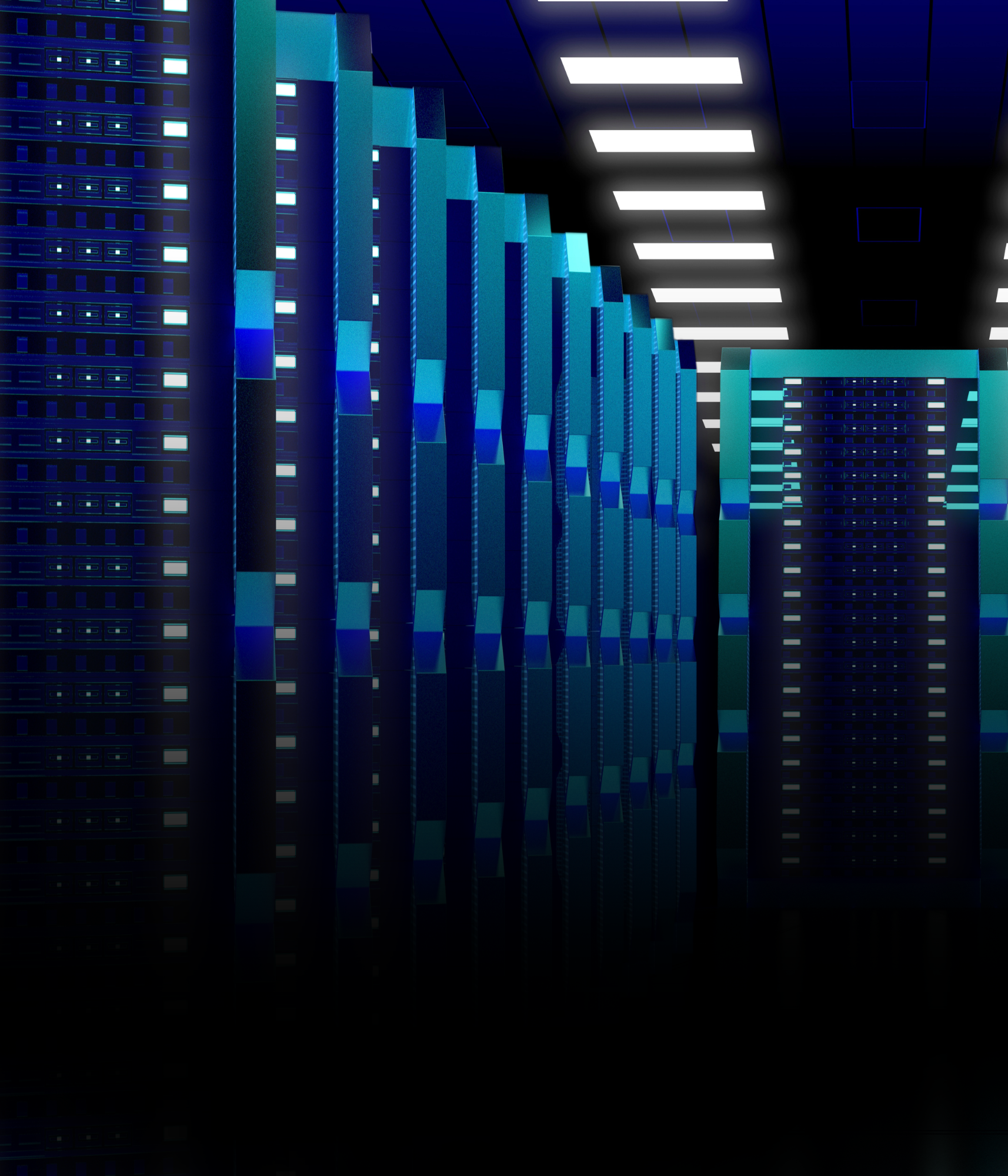 A futuristic server room with blue and black colors, illuminated with white fluorescent ceiling lights and multiple rows of server racks.