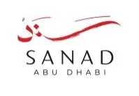 Logo of SANAD Abu Dhabi with stylized red Arabic calligraphy and black text.