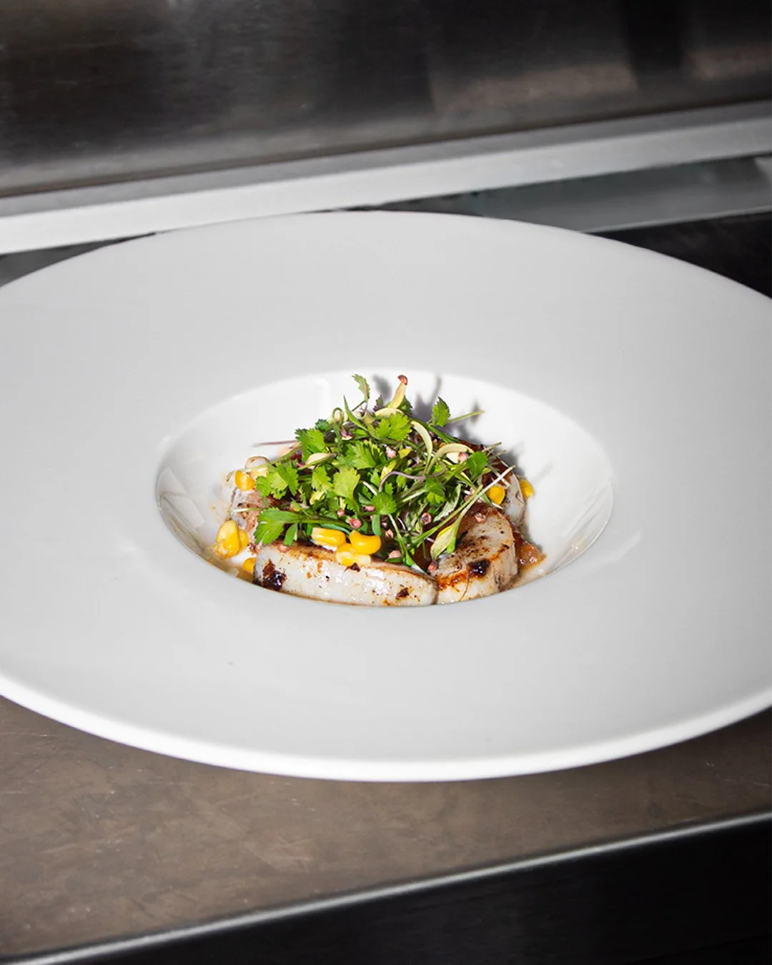 A plated dish featuring grilled fish with microgreens and corn on a white plate.