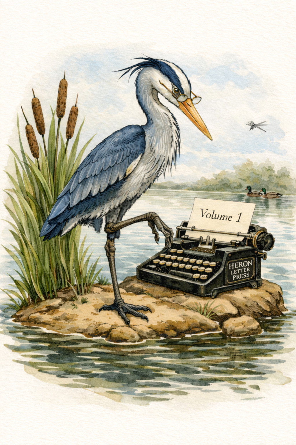 A heron wearing glasses standing on a rock near the water with cattails, ducks, and a drone in the background, and a vintage typewriter labeled "Heron Letter Press" with a paper labeled "Volume 1".