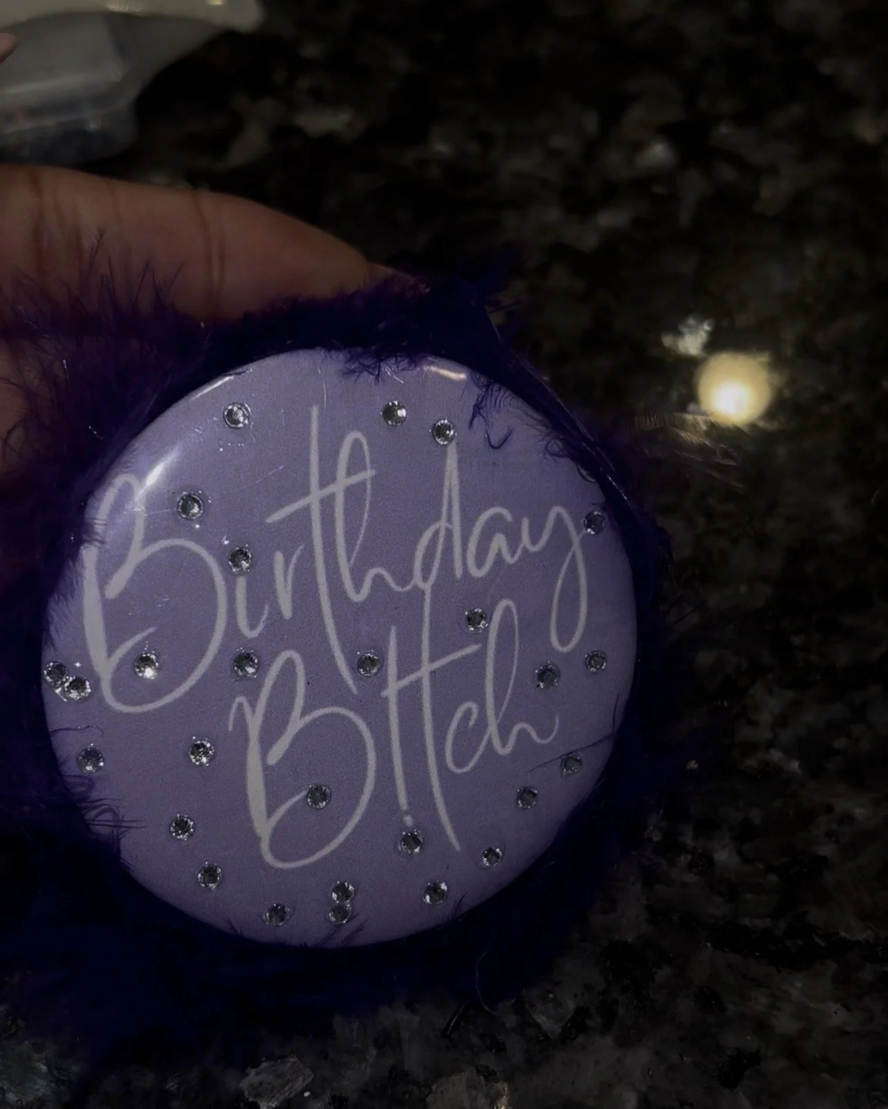 Glamorous Birthday Button with Feathers & Gems