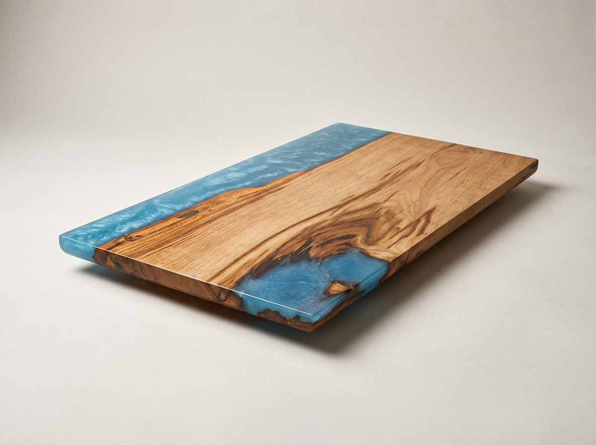 Plateau en bois avec un design intégré en résine bleue, créant un effet d'estuaire ou de ruisseau.
