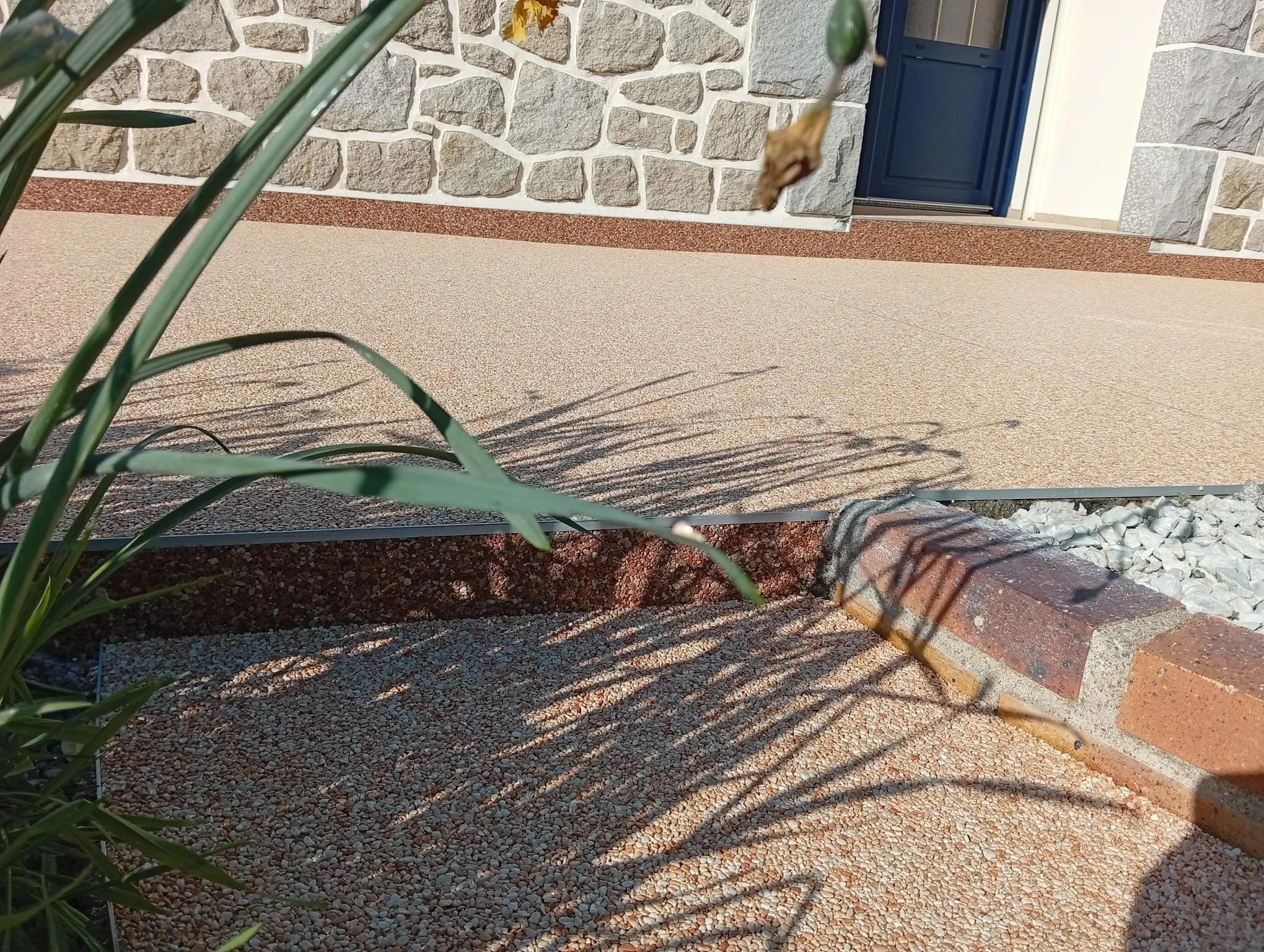 Une terrasse en béton avec un rebord en briques, une plante en premier plan, un mur en pierre, et une porte bleue en arrière-plan.