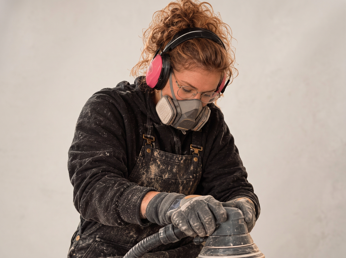 Une femme portant un masque de protection, des lunettes, un casque antibruit rose, une salopette sale, et des gants, utilisant une ponceuse électrique. Elle travaille sur un mur blanc dans un environnement intérieur.