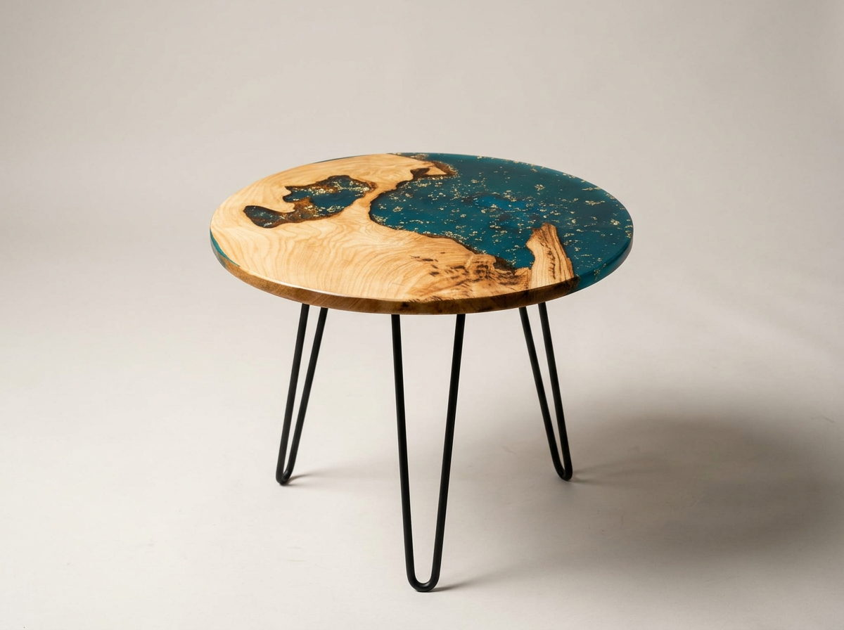 Table en bois avec résine bleue et or, pieds en métal noir, design moderne